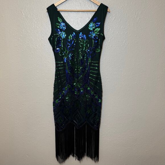 1920s Flapper Dress Full-Sequin Fringe Costume Party Unique Vintage Size Medium - Picture 13 of 13